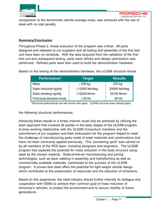Engineering Services, Inc. 
comparision to the benchmark vehicle average mass, was achieved with the use of 
steel with no cost penalty. 
Summary/Conclusion 
Throughout Phase 2, timely execution of the program was critical. All parts 
designed and released to our suppliers and all tooling and assembly of the first test 
unit have been on schedule. With the data acquired from the validation of the first 
test unit and subsequent testing, parts were refined and design optimization was 
performed. Refined parts were then used to build the demonstration hardware. 
Based on the testing of the demonstration hardware, the ULSAB structure shows 
Performance* Target Results 
Mass 200 kg 203 kg 
Static torsional rigidity 13000 Nm/deg 20800 Nm/deg 
Static bending rigidity 12200 N/mm 18100 N/mm 
First body structure mode 40 Hz 60 Hz 
*Structural performances are test results with glass. ULSAB structure mass without glass 
Chapter 1 - Page 11 
[ 
m 
m 
m 
the following structural performances: 
Achieving these results in a timely manner could only be achieved by utilizing the 
team approach that involved all parties in the early stages of the ULSAB program. 
A close working relationship with the ULSAB Consortium members and the 
commitment of our suppliers and their enthusiasm for the program helped to meet 
the challenge of manufacturing parts made of steel materials and combinations that 
have not been commonly applied previously. This “pioneering spirit” was carried on 
by all members of the PES team, including designers and engineers. The ULSAB 
program has explored the potential for mass reduction in the body structure using 
steel as the chosen material. State-of-the-art manufacturing and joining 
technologies, such as laser welding in assembly and hydroforming as well as 
commercially available materials, contributed to the success of the ULSAB 
program. It proves that steel offers the potential for light weight vehicle design 
which contributes to the preservation of resources and the reduction of emissions. 
Based on this experience, the steel industry should further intensify its dialogue and 
cooperation with OEMs to achieve their common goal of mass reduction of 
tomorrow’s vehicles, to protect the environment and to secure mobility of future 
generations. 
 