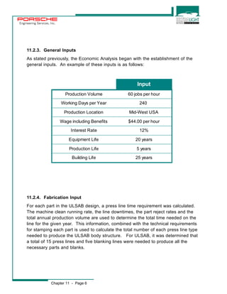 Engineering Services, Inc. 
11.2.3. General Inputs 
As stated previously, the Economic Analysis began with the establishment of the 
general inputs. An example of these inputs is as follows: 
11.2.4. Fabrication Input 
For each part in the ULSAB design, a press line time requirement was calculated. 
The machine clean running rate, the line downtimes, the part reject rates and the 
total annual production volume are used to determine the total time needed on the 
line for the given year. This information, combined with the technical requirements 
for stamping each part is used to calculate the total number of each press line type 
needed to produce the ULSAB body structure. For ULSAB, it was determined that 
a total of 15 press lines and five blanking lines were needed to produce all the 
necessary parts and blanks. 
Chapter 11 - Page 6 
Input 
Production Volume 60 jobs per hour 
Working Days per Year 240 
Production Location Mid-West USA 
Wage including Benefits $44.00 per hour 
Interest Rate 12% 
Equipment Life 20 years 
Production Life 5 years 
Building Life 25 years 
 