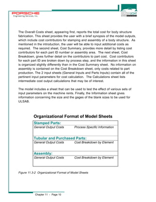 Engineering Services, Inc. 
The Overall Costs sheet, appearing first, reports the total cost for body structure 
fabrication. This sheet provides the user with a brief synopsis of the model outputs, 
which include cost contributors for stamping and assembly of a body structure. As 
mentioned in the introduction, the user will be able to input additional costs as 
required. The second sheet, Cost Summary, provides more detail by listing cost 
contributors for each part ID number or assembly area. The next sheet, Cost 
Breakdown, gives further detail on the contributors to part cost. Cost contributors 
for each part ID are broken down by process step, and the information in this sheet 
is organized slightly differently than in the Cost Summary sheet. No information on 
assembly is contained on the Cost Breakdown sheet, only costs related to part 
production. The 2 input sheets (General Inputs and Parts Inputs) contain all of the 
pertinent input parameters for cost calculation. The Calculations sheet lists 
intermediate cost output calculations that may be of interest. 
The model includes a sheet that can be used to test the effect of various sets of 
input parameters on the machine rents. Finally, the Information sheet gives 
information concerning the size and the gages of the blank sizes to be used for 
ULSAB. 
Organizational Format of Model Sheets 
Stamped Parts: 
General Output Costs Process Specific Information 
Tubular and Purchased Parts: 
General Output Costs Cost Breakdown by Element 
Assembly: 
General Output Costs Cost Breakdown by Element 
Figure 11.3-2 Organizational Format of Model Sheets 
Chapter 11 - Page 10 
 