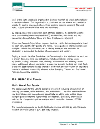 Engineering Services, Inc. 
Most of the eight sheets are organized in a similar manner, as shown schematically 
in the figure above. This organization is consistent for cost sheets and calculation 
sheets. By paging down each sheet, three sections become apparent: Stamped 
Parts, Tubular and Purchased Parts and Assembly. 
By paging across the sheet within each of these sections, the costs for specific 
parts or assembly processes (listed by ID) are identified, and sorted into two 
categories: General Output Costs and Cost Breakdown by Element. 
Within the General Output Costs regions, the total cost for fabricating parts is listed 
for each part, identified by part ID and name. Hence part cost information for each 
stamped, tubular and purchased part is readily available. The total cost for 
fabrication is summed at the bottom of each column and section. 
Paging across to the Cost Breakdown by Element region, the total cost for each part 
is broken down into nine cost categories, including material, energy, labor, 
equipment, tooling, overhead labor, building, maintenance and working capital 
costs. Addition of all cost elements in a given row sums to the total part cost. Each 
of the nine cost elements is also totaled at the bottom of each column for all parts to 
provide a total cost breakout by element in the Stamping, Tubular and Purchased 
Parts and Assembly sections. 
Chapter 11 - Page 11 
11.4. ULSAB Cost Results 
11.4.1. Overall Cost Results 
The cost analysis for the ULSAB design is presented, including a breakdown of 
costs by processes, factor elements, and investments. The costs associated with 
new technologies are focused upon, specifically for all the tailor welded blank 
stamped parts and for the hydroformed side roof rail. Sensitivity analyses are 
included for changes in input parameters, which may affect the cost of TWB 
processing. 
The manufacturing costs for the ULSAB body structure at 203.2 kg with 158 parts 
result in an overall value of $947 per body structure. 
 