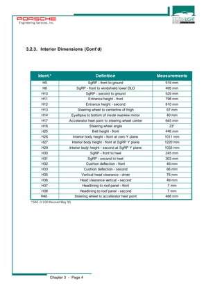 Engineering Services, Inc. 
3.2.3. Interior Dimensions (Cont’d) 
Ident.* Definition Measurements 
H5 SgRP - front to ground 519 mm 
H6 SgRP - front to windshield lower DLO 495 mm 
H10 SgRP - second to ground 529 mm 
H11 Entrance height - front 798 mm 
H12 Entrance height - second 810 mm 
H13 Steering wheel to centerline of thigh 67 mm 
H14 Eyellipse to bottom of inside rearview mirror 40 mm 
H17 Accelerator heel point to steering wheel center 645 mm 
H18 Steering wheel angle 23° 
H25 Belt height - front 446 mm 
H26 Interior body height - front at zero Y plane 1011 mm 
H27 Interior body height - front at SgRP Y plane 1220 mm 
H29 Interior body height - second at SgRP Y plane 1033 mm 
H30 SgRP - front to heel 245 mm 
H31 SgRP - second to heel 303 mm 
H32 Cushion deflection - front 49 mm 
H33 Cushion deflection - second 66 mm 
H35 Vertical head clearance - driver 75 mm 
H36 Head clearance vertical - second 49 mm 
H37 Headlining to roof panel - front 7 mm 
H38 Headlining to roof panel - second 7 mm 
H40 Steering wheel to accelerator heel point 468 mm 
*SAE J1100 Revised May 95 
Chapter 3 - Page 4 
 