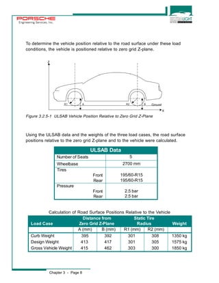 Engineering Services, Inc. 
To determine the vehicle position relative to the road surface under these load 
conditions, the vehicle is positioned relative to zero grid Z-plane. 
R1 A R2 B 
Ground 
Z 
Figure 3.2.5-1 ULSAB Vehicle Position Relative to Zero Grid Z-Plane 
X 
Using the ULSAB data and the weights of the three load cases, the road surface 
positions relative to the zero grid Z-plane and to the vehicle were calculated. 
Chapter 3 - Page 8 
ULSAB Data 
Number of Seats 5 
Wheelbase 2700 mm 
Tires 
Front 195/60-R15 
Rear 195/60-R15 
Pressure 
Front 2.5 bar 
Rear 2.5 bar 
Calculation of Road Surface Positions Relative to the Vehicle 
Distance from Static Tire 
Load Case Zero Grid Z-Plane Radius Weight 
A (mm) B (mm) R1 (mm) R2 (mm) 
Curb Weight 395 392 301 308 1350 kg 
Design Weight 413 417 301 305 1575 kg 
Gross Vehicle Weight 415 462 303 300 1850 kg 
 