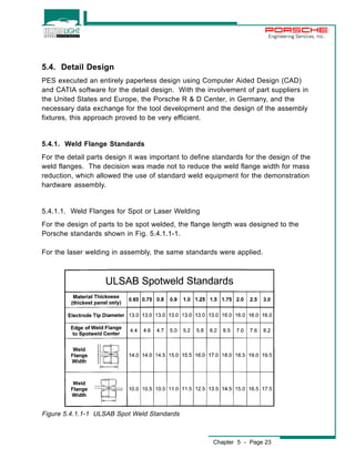 Engineering Services, Inc. 
5.4. Detail Design 
PES executed an entirely paperless design using Computer Aided Design (CAD) 
and CATIA software for the detail design. With the involvement of part suppliers in 
the United States and Europe, the Porsche R & D Center, in Germany, and the 
necessary data exchange for the tool development and the design of the assembly 
fixtures, this approach proved to be very efficient. 
5.4.1. Weld Flange Standards 
For the detail parts design it was important to define standards for the design of the 
weld flanges. The decision was made not to reduce the weld flange width for mass 
reduction, which allowed the use of standard weld equipment for the demonstration 
hardware assembly. 
5.4.1.1. Weld Flanges for Spot or Laser Welding 
For the design of parts to be spot welded, the flange length was designed to the 
Porsche standards shown in Fig. 5.4.1.1-1. 
For the laser welding in assembly, the same standards were applied. 
Chapter 5 - Page 23 
Figure 5.4.1.1-1 ULSAB Spot Weld Standards 
 