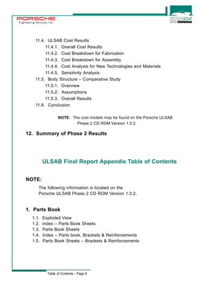 Engineering Services, Inc. 
11.4. ULSAB Cost Results 
11.4.1. Overall Cost Results 
11.4.2. Cost Breakdown for Fabrication 
11.4.3. Cost Breakdown for Assembly 
11.4.4. Cost Analysis for New Technologies and Materials 
11.4.5. Sensitivity Analysis 
11.5. Body Structure – Comparative Study 
11.5.1. Overview 
11.5.2. Assumptions 
11.5.3. Overall Results 
11.6. Conclusion 
NOTE: The cost models may be found on the Porsche ULSAB 
Phase 2 CD ROM Version 1.0.2. 
12. Summary of Phase 2 Results 
ULSAB Final Report Appendix Table of Contents 
Table of Contents - Page 6 
NOTE: 
The following information is located on the 
Porsche ULSAB Phase 2 CD ROM Version 1.0.2. 
1. Parts Book 
1.1. Exploded View 
1.2. Index – Parts Book Sheets 
1.3. Parts Book Sheets 
1.4. Index – Parts book, Brackets & Reinforcements 
1.5. Parts Book Sheets – Brackets & Reinforcements 
 