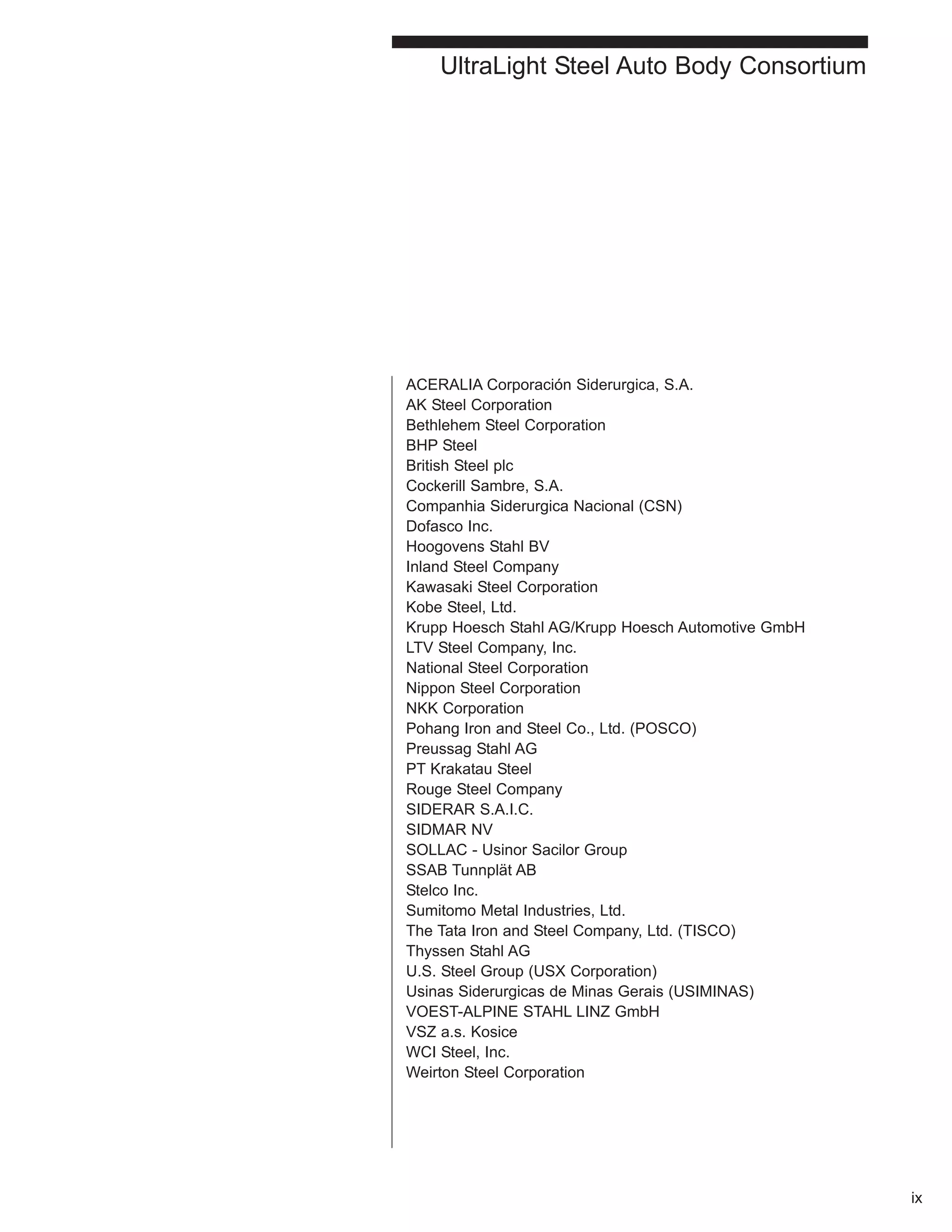 ACERALIA Corporación Siderurgica, S.A. 
AK Steel Corporation 
Bethlehem Steel Corporation 
BHP Steel 
British Steel plc 
Cockerill Sambre, S.A. 
Companhia Siderurgica Nacional (CSN) 
Dofasco Inc. 
Hoogovens Stahl BV 
Inland Steel Company 
Kawasaki Steel Corporation 
Kobe Steel, Ltd. 
Krupp Hoesch Stahl AG/Krupp Hoesch Automotive GmbH 
LTV Steel Company, Inc. 
National Steel Corporation 
Nippon Steel Corporation 
NKK Corporation 
Pohang Iron and Steel Co., Ltd. (POSCO) 
Preussag Stahl AG 
PT Krakatau Steel 
Rouge Steel Company 
SIDERAR S.A.I.C. 
SIDMAR NV 
SOLLAC - Usinor Sacilor Group 
SSAB Tunnplät AB 
Stelco Inc. 
Sumitomo Metal Industries, Ltd. 
The Tata Iron and Steel Company, Ltd. (TISCO) 
Thyssen Stahl AG 
U.S. Steel Group (USX Corporation) 
Usinas Siderurgicas de Minas Gerais (USIMINAS) 
VOEST-ALPINE STAHL LINZ GmbH 
VSZ a.s. Kosice 
WCI Steel, Inc. 
Weirton Steel Corporation 
ix 
UltraLight Steel Auto Body Consortium 
 