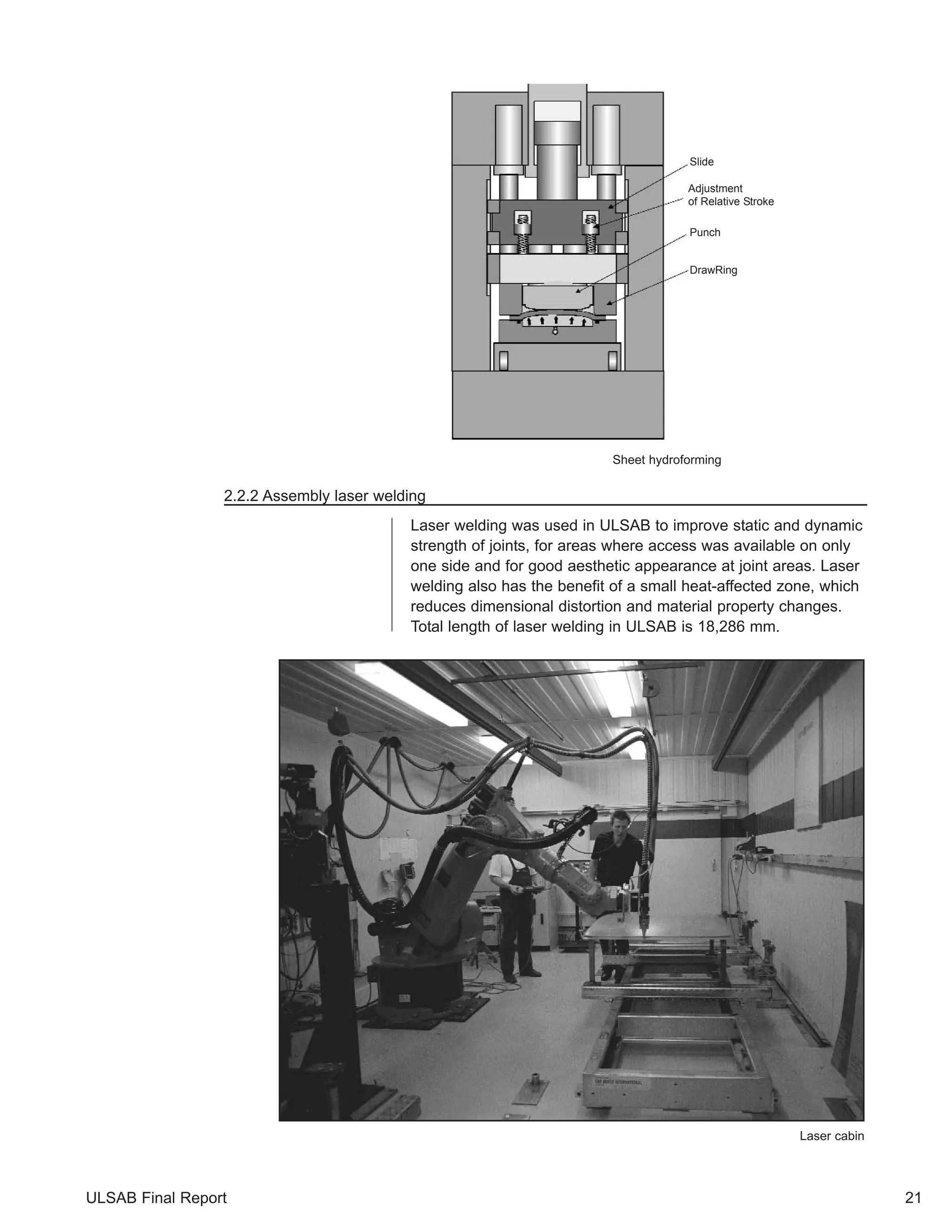 2.2.2 Assembly laser welding 
Slide 
Adjustment 
of Relative Stroke 
Punch 
DrawRing 
Sheet hydroforming 
Laser welding was used in ULSAB to improve static and dynamic 
strength of joints, for areas where access was available on only 
one side and for good aesthetic appearance at joint areas. Laser 
welding also has the benefit of a small heat-affected zone, which 
reduces dimensional distortion and material property changes. 
Total length of laser welding in ULSAB is 18,286 mm. 
Laser cabin 
ULSAB Final Report 21 
 
