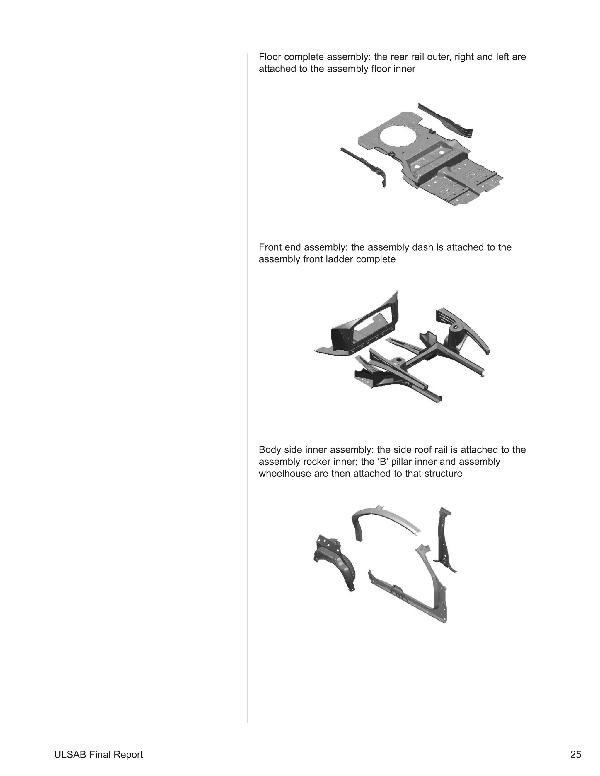 Floor complete assembly: the rear rail outer, right and left are 
attached to the assembly floor inner 
Front end assembly: the assembly dash is attached to the 
assembly front ladder complete 
Body side inner assembly: the side roof rail is attached to the 
assembly rocker inner; the ‘B’ pillar inner and assembly 
wheelhouse are then attached to that structure 
ULSAB Final Report 25 
 