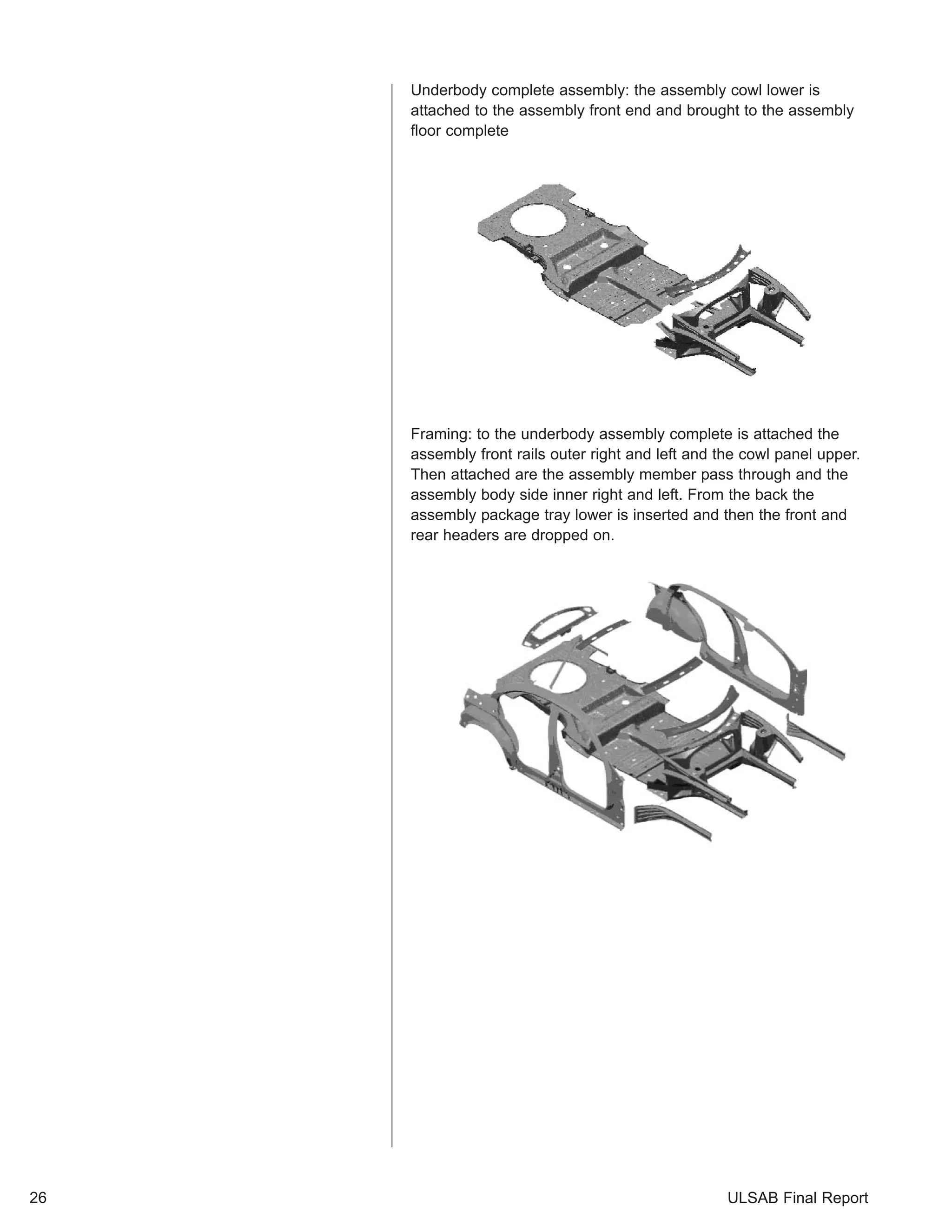 Underbody complete assembly: the assembly cowl lower is 
attached to the assembly front end and brought to the assembly 
floor complete 
Framing: to the underbody assembly complete is attached the 
assembly front rails outer right and left and the cowl panel upper. 
Then attached are the assembly member pass through and the 
assembly body side inner right and left. From the back the 
assembly package tray lower is inserted and then the front and 
rear headers are dropped on. 
ULSAB Final Report 
26 
 
