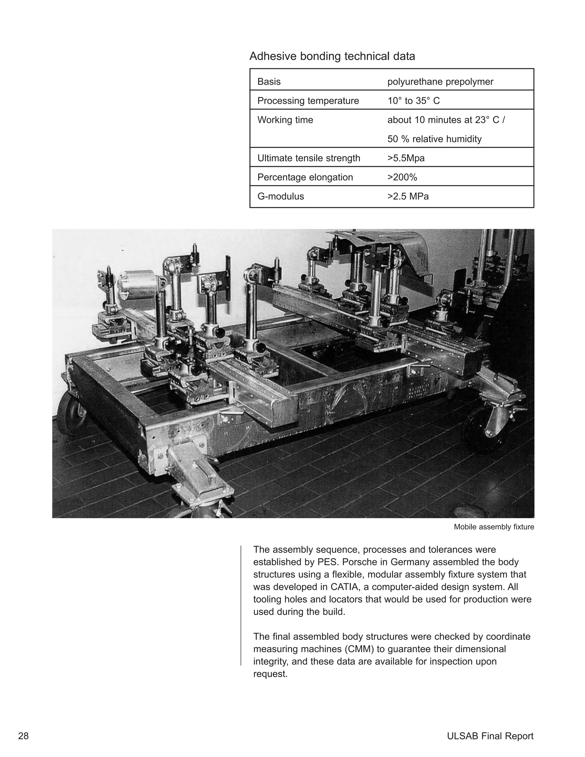 Adhesive bonding technical data 
Basis polyurethane prepolymer 
Processing temperature 10° to 35° C 
Working time about 10 minutes at 23° C / 
50 % relative humidity 
Ultimate tensile strength >5.5Mpa 
Percentage elongation >200% 
G-modulus >2.5 MPa 
Mobile assembly fixture 
The assembly sequence, processes and tolerances were 
established by PES. Porsche in Germany assembled the body 
structures using a flexible, modular assembly fixture system that 
was developed in CATIA, a computer-aided design system. All 
tooling holes and locators that would be used for production were 
used during the build. 
The final assembled body structures were checked by coordinate 
measuring machines (CMM) to guarantee their dimensional 
integrity, and these data are available for inspection upon 
request. 
28 ULSAB Final Report 
 