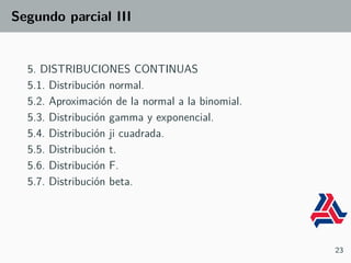 Segundo parcial III
5. DISTRIBUCIONES CONTINUAS
5.1. Distribución normal.
5.2. Aproximación de la normal a la binomial.
5.3. Distribución gamma y exponencial.
5.4. Distribución ji cuadrada.
5.5. Distribución t.
5.6. Distribución F.
5.7. Distribución beta.
23
 