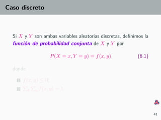 Caso discreto
Si X y Y son ambas variables aleatorias discretas, deﬁnimos la
funci´on de probabilidad conjunta de X y Y por
P(X = x, Y = y) = f(x, y) (6.1)
donde
1 f(x, y) ≤ 0;
2 k y f(x, y) = 1.
41
 