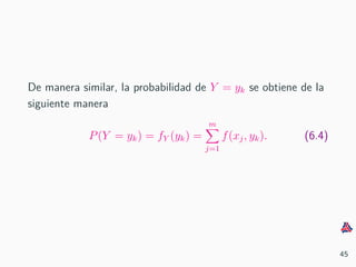 De manera similar, la probabilidad de Y = yk se obtiene de la
siguiente manera
P(Y = yk) = fY (yk) =
m
j=1
f(xj, yk). (6.4)
45
 