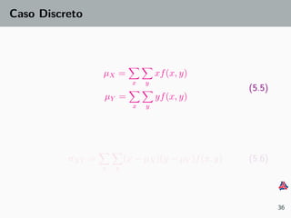 Caso Discreto
µX =
x y
xf(x, y)
µY =
x y
yf(x, y)
(5.5)
σXY =
x y
(x − µX)(y − µY )f(x, y) (5.6)
36
 