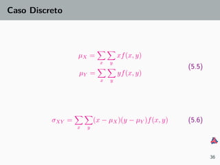 Caso Discreto
µX =
x y
xf(x, y)
µY =
x y
yf(x, y)
(5.5)
σXY =
x y
(x − µX)(y − µY )f(x, y) (5.6)
36
 