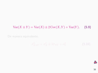 Var(X ± Y ) = Var(X) ± 2 Cov(X, Y ) + Var(Y ). (5.9)
De manera equivalente,
σ2
X±Y = σ2
X ± 2σXY + σ2
Y (5.10)
38
 