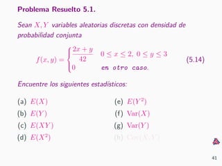 Problema Resuelto 5.1.
Sean X, Y variables aleatorias discretas con densidad de
probabilidad conjunta
f(x, y) =



2x + y
42
0 ≤ x ≤ 2, 0 ≤ y ≤ 3
0 en otro caso.
(5.14)
Encuentre los siguientes estad´ısticos:
(a) E(X)
(b) E(Y )
(c) E(XY )
(d) E(X2
)
(e) E(Y 2
)
(f) Var(X)
(g) Var(Y )
(h) Cov(X, Y )
41
 