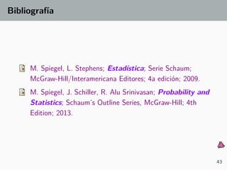 Bibliograf´ıa
M. Spiegel, L. Stephens; Estad´ıstica; Serie Schaum;
McGraw-Hill/Interamericana Editores; 4a edici´on; 2009.
M. Spiegel, J. Schiller, R. Alu Srinivasan; Probability and
Statistics; Schaum’s Outline Series, McGraw-Hill; 4th
Edition; 2013.
43
 
