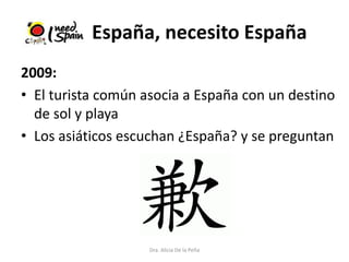 España, necesito España
2009:
• El turista común asocia a España con un destino
de sol y playa
• Los asiáticos escuchan ¿España? y se preguntan
Dra. Alicia De la Peña
 