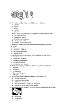 26. Perhatikan gambar di atas bentuk bakteri no 2 disebut…
a. Monotrik
b. Amfitrik
c. Lofotrik
d. Peritrik
e. Tetratrik
27. Berikut adalah penyakit-penyakit yang disebabkan oleh bakteri yaitu…
a. TBC, kolera, malaria
b. Tifus, kolera, tetanus,
c. Gonorhoe, desentri, cacar
d. Antraks, lepra, anemia
e. Gondong, kelamin, botulinum
28. Berikut ini adalah contoh bakteri yang termasuk gram positif yaitu…
a. E.coli
b. Clostridium tetani
c. Treponema pallidum
d. Chlamydia trachomatis
e. Vibrio comma
29. Acetobacterium xylinium adalah bakteri yang bermanfaat dalam…
a. Pembuatan keju
b. Pembuatan mentega
c. Menghasilkan antibiotic
d. Fermentasi alcohol
e. Pembuatan nata de coco
30. Bakteri parasit yang dapat menyebabkan penyakit disebut bakteri...
a. Autotrof
b. Heterotrof
c. kemoautotrof
d. Gram positif/negative
e. Pathogen
31. Di bawah ini yang tidak termasuk dari ciri protista adalah…
a. Bersifat prokariotik
b. Respirasi secara aerobic
c. Habitat di perairan
d. Menyerupai hewan, tumbuhan, dan jamur
e. Reproduksi secara aseksual dan seksual
32. Perhatikan gambar berikut! Protista tersebut termasuk dalam kelompok…

a. Oomycota
b. Myxomycota
c. Protozoa

14

 
