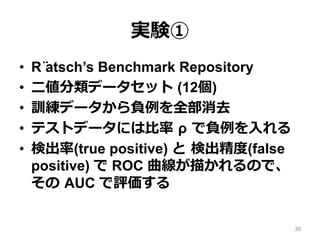 gY
?? R ?atschs Benchmark Repository
?? ?ǩ`å (12)
?? Ӗǩ`ؓȫȥ
?? ƥȥǩ`ˤ? ? ?ؓ?
?? ʳ(true positive)  ?ʳȶ(false
positive)  ROC 褫Τǡ
 ?AUC u
38
 