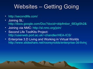 Websites – Getting Going http://secondlife.com/ Joining SL:  http://docs.google.com/Doc?docid=ddpfmbxr_683gt5h2&hl=en Joining via NMC:  http://sl.nmc.org/join/ Second Life ToolKits Project:  http://userweb.port.ac.uk/~chandler/HEA-ICS/ Enterprise 3.D Living and Working in Virtual Worlds  http://www.slideshare.net/rooreynolds/enterprise-3d-living-and-working-in-virtual-worlds/ 