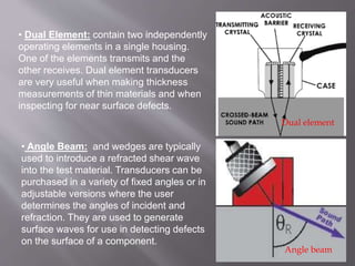 • Dual Element: contain two independently
operating elements in a single housing.
One of the elements transmits and the
other receives. Dual element transducers
are very useful when making thickness
measurements of thin materials and when
inspecting for near surface defects.
Dual element
• Angle Beam: and wedges are typically
used to introduce a refracted shear wave
into the test material. Transducers can be
purchased in a variety of fixed angles or in
adjustable versions where the user
determines the angles of incident and
refraction. They are used to generate
surface waves for use in detecting defects
on the surface of a component.
Angle beam
 