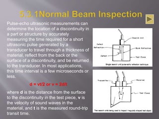 Pulse-echo ultrasonic measurements can
determine the location of a discontinuity in
a part or structure by accurately
measuring the time required for a short
ultrasonic pulse generated by a
transducer to travel through a thickness of
material, reflect from the back or the
surface of a discontinuity, and be returned
to the transducer. In most applications,
this time interval is a few microseconds or
less.
d = vt/2 or v = 2d/t
where d is the distance from the surface
to the discontinuity in the test piece, v is
the velocity of sound waves in the
material, and t is the measured round-trip
transit time.
 