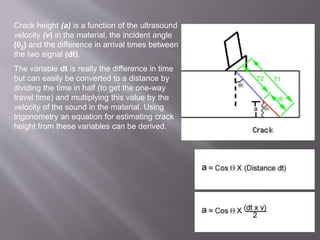 Crack height (a) is a function of the ultrasound
velocity (v) in the material, the incident angle
(2) and the difference in arrival times between
the two signal (dt).
The variable dt is really the difference in time
but can easily be converted to a distance by
dividing the time in half (to get the one-way
travel time) and multiplying this value by the
velocity of the sound in the material. Using
trigonometry an equation for estimating crack
height from these variables can be derived.
 