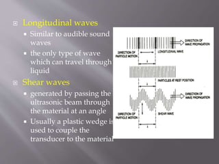  Longitudinal waves
 Similar to audible sound
waves
 the only type of wave
which can travel through
liquid
 Shear waves
 generated by passing the
ultrasonic beam through
the material at an angle
 Usually a plastic wedge is
used to couple the
transducer to the material
 