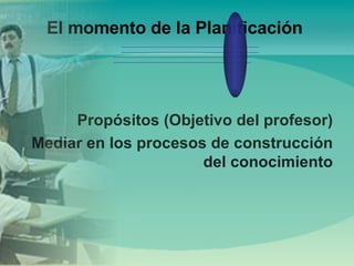 El momento de la Planificación   Propósitos (Objetivo del profesor) Mediar en los procesos de construcción del conocimiento 