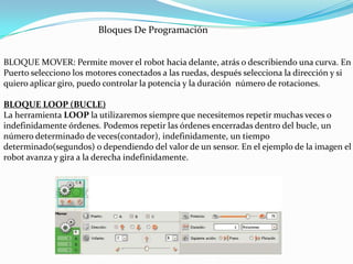 Bloques De Programación
BLOQUE MOVER: Permite mover el robot hacia delante, atrás o describiendo una curva. En
Puerto selecciono los motores conectados a las ruedas, después selecciona la dirección y si
quiero aplicar giro, puedo controlar la potencia y la duración número de rotaciones.
BLOQUE LOOP (BUCLE)
La herramienta LOOP la utilizaremos siempre que necesitemos repetir muchas veces o
indefinidamente órdenes. Podemos repetir las órdenes encerradas dentro del bucle, un
número determinado de veces(contador), indefinidamente, un tiempo
determinado(segundos) o dependiendo del valor de un sensor. En el ejemplo de la imagen el
robot avanza y gira a la derecha indefinidamente.

 