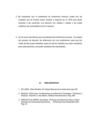 2. Es importante que el profesional de enfermería conozca cuales son los
cuidados que se brindan antes, durante y después de un APA para poder
ofrecerle a las pacientes una atención con calidad y calidez y así poder
satisfacer las necesidades como lo requiera.
3. Es de suma importancia que el profesional de enfermería conozca las etapas
del proceso de atención de enfermería con sus subdiciones, para que por
medio de ello pueda identificar cada uno de los cuidados que sean necesarios
para cada paciente y así poder satisfacer las necesidades.
VI. BIBLIOGRAFIAS
1. DE JARA , Elsa Almeida, De Yépez Manual de la enfermería pag.120 .
2. McGraw, Hill.K.ozier, Fundamentos de enfermería Conceptos, “Procesos y
Práctica. Volumen 2. 5ta edición. Editora Interamericana. Pág. 909
3. ARGUETA ALVAREZ, Ana María. “Proceso de Enfermería Paso a Paso”
Directora de la Escuela Nacional de Enfermeras de Guatemala 2001.
Pág 18
 