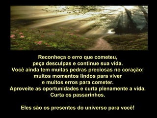 Reconheça o erro que cometeu,
         peça desculpas e continue sua vida.
 Você ainda tem muitas pedras preciosas no coração:
         muitos momentos lindos para viver
             e muitos erros para cometer.
Aproveite as oportunidades e curta plenamente a vida.
                Curta os passarinhos.

    Eles são os presentes do universo para você!
 