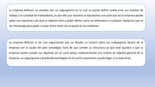 La empresa Bellcom no contaba con un organigrama en la cual se pueda definir cuáles eran sus puestos de
trabajo y la cantidad de trabajadores, es por ello que nosotros le ejecutamos una para que así la empresa pueda
saber con exactitud cuál será su objetivo final y poder definir como se enfrentaran a cualquier obstáculo que se
les interponga para poder cumplir dicha meta con la ayuda de sus coladores.
La empresa Bellcom al ser una organización que no llevaba un control sobre sus trabajadores dentro de la
empresa con la ayuda del plan estratégico hará de que cambie su estructura ya que esté ayudará a que la
empresa pueda cumplir sus objetivos en un corto plazo, implementando una mejora de objetivo general de la
empresa, un organigrama y brindando estrategias en la cual la corporación pueda llegar a su meta final.
 