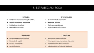 5. ESTRATEGIAS : FODA
FORTALEZAS
● Brindamos un servicio único y de calidad.
● Enfoque socialmente responsable
● Instalaciones atractivas.
● Clima laboral favorable.
OPORTUNIDADES
● El crecimiento de la economía
● Ampliar el mercado.
● Abrir nuevos ambientes.
● Implementar nuevos servicios.
DEBILIDADES
● Escases de algunas herramientas.
● Limitación de capital.
● Local un poco alejado.
● Personal reducido
AMENAZAS
● Aparición de nuevas empresas.
● Interrupciones para cumplir con el servicio.
● Incremento en la oferta monetaria.
● Inestabilidad en los costos de repuestos.
 