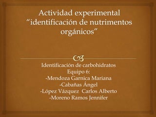 Identificación de carbohidratos
Equipo 6:
-Mendoza Garnica Mariana
-Cabañas Ángel
-López Vázquez Carlos Alberto
-Moreno Ramos Jennifer
 