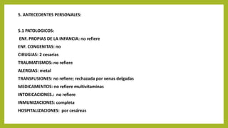 5. ANTECEDENTES PERSONALES:
5.1 PATOLOGICOS:
ENF. PROPIAS DE LA INFANCIA: no refiere
ENF. CONGENITAS: no
CIRUGIAS: 2 cesarías
TRAUMATISMOS: no refiere
ALERGIAS: metal
TRANSFUSIONES: no refiere; rechazada por venas delgadas
MEDICAMENTOS: no refiere multivitaminas
INTOXICACIONES.: no refiere
INMUNIZACIONES: completa
HOSPITALIZACIONES: por cesáreas
 