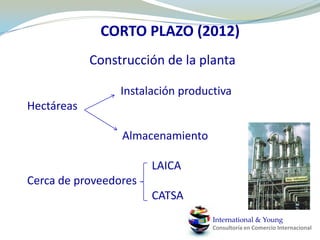 EJECUCIÓN DEL PROYECTOCronogramaFASE INICIAL2011:Constitución de la empresaObtención de permisos medioambientalesBúsqueda de financiaciónNegociación con LAICA para el abastecimiento de materias primas y  RECOPE para la venta del bioetanolCORTO PLAZO 2012:Construcción de la Planta 2013 y 2014:Marketing para captar nuevos clientesAbastecimiento a RECOPEMEDIO PLAZO2015, 2016 y 2017:Evaluación del control de gestión de años anterioresCompra de terrenos para control total del abastecimientoAdquisición de tecnología para tratamiento de subproductosI + D para mejora del proceso productivo y salidas adicionales del productoLARGO PLAZO 2018 en adelante:	Exploración de otros mercados internacionalesComercialización de productos derivados del bioetanolValorar construcción de nuevas instalacionesEvaluar un aumento de capacidad de plantaInternational & YoungConsultoría en Comercio Internacional