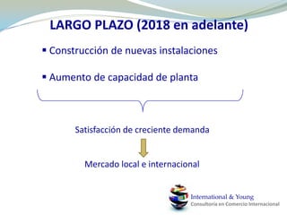 EJECUCIÓN DEL PROYECTO CronogramaFASE INICIAL2011:Constitución de la empresaObtención de permisos medioambientalesBúsqueda de financiaciónNegociación con LAICA para el abastecimiento de materias primas y  RECOPE para la venta del bioetanolCORTO PLAZO 2012:Construcción de la Planta 2013 y 2014:Marketing para captar nuevos clientesAbastecimiento a RECOPEMEDIO PLAZO2015, 2016 y 2017:Evaluación del control de gestión de años anterioresCompra de terrenos para control total del abastecimientoAdquisición de tecnología para tratamiento de subproductosI + D para mejora del proceso productivo y salidas adicionales del productoLARGO PLAZO 2018 en adelante:	Exploración de otros mercados internacionalesComercialización de productos derivados del bioetanolValorar construcción de nuevas instalacionesEvaluar un aumento de capacidad de plantaInternational & YoungConsultoría en Comercio Internacional