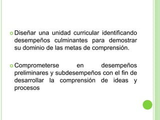  Diseñar una unidad curricular identificando
desempeños culminantes para demostrar
su dominio de las metas de comprensión.
 Comprometerse en desempeños
preliminares y subdesempeños con el fin de
desarrollar la comprensión de ideas y
procesos
 