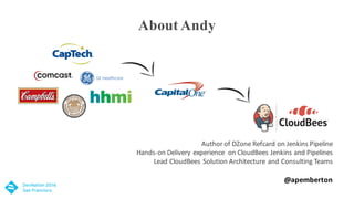 About Andy
Author	of	DZone Refcard	on	Jenkins	Pipeline
Hands-on	Delivery	experience	 on	CloudBees	Jenkins	and	Pipelines
Lead	CloudBees	Solution	Architecture	and	Consulting	Teams
@apemberton
 
