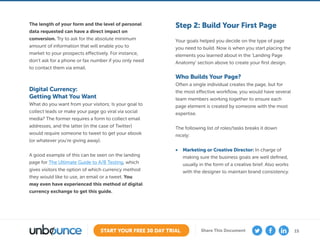 15START YOUR FREE 30 DAY TRIAL Share This Document
The length of your form and the level of personal
data requested can have a direct impact on
conversion. Try to ask for the absolute minimum
amount of information that will enable you to
market to your prospects effectively. For instance,
don’t ask for a phone or fax number if you only need
to contact them via email.
Digital Currency:
Getting What You Want
What do you want from your visitors; Is your goal to
collect leads or make your page go viral via social
media? The former requires a form to collect email
addresses, and the latter (in the case of Twitter)
would require someone to tweet to get your ebook
(or whatever you’re giving away).
A good example of this can be seen on the landing
page for The Ultimate Guide to A/B Testing, which
gives visitors the option of which currency method
they would like to use, an email or a tweet. You
may even have experienced this method of digital
currency exchange to get this guide.
Step 2: Build Your First Page
Your goals helped you decide on the type of page
you need to build. Now is when you start placing the
elements you learned about in the ‘Landing Page
Anatomy’ section above to create your first design.
Who Builds Your Page?
Often a single individual creates the page, but for
the most effective workflow, you would have several
team members working together to ensure each
page element is created by someone with the most
expertise.
The following list of roles/tasks breaks it down
nicely:
•	 Marketing or Creative Director: In charge of
making sure the business goals are well defined,
usually in the form of a creative brief. Also works
with the designer to maintain brand consistency.
 