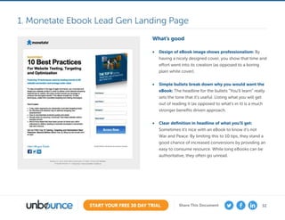 32START YOUR FREE 30 DAY TRIAL Share This Document
What’s good
•	 Design of eBook image shows professionalism: By
having a nicely designed cover, you show that time and
effort went into its creation (as opposed to a boring
plain white cover).
•	 Simple bullets break down why you would want the
eBook: The headline for the bullets “You’ll learn” really
sets the tone that it’s useful. Listing what you will get
out of reading it (as opposed to what’s in it) is a much
stronger benefits driven approach.
•	 Clear definition in headline of what you’ll get:
Sometimes it’s nice with an eBook to know it’s not
War and Peace. By limiting this to 10 tips, they stand a
good chance of increased conversions by providing an
easy to consume resource. While long eBooks can be
authoritative, they often go unread.
1. Monetate Ebook Lead Gen Landing Page
 