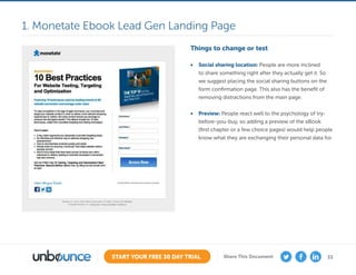 33START YOUR FREE 30 DAY TRIAL Share This Document
Things to change or test
•	 Social sharing location: People are more inclined
to share something right after they actually get it. So
we suggest placing the social sharing buttons on the
form confirmation page. This also has the benefit of
removing distractions from the main page.
•	 Preview: People react well to the psychology of try-
before-you-buy, so adding a preview of the eBook
(first chapter or a few choice pages) would help people
know what they are exchanging their personal data for.
1. Monetate Ebook Lead Gen Landing Page
 