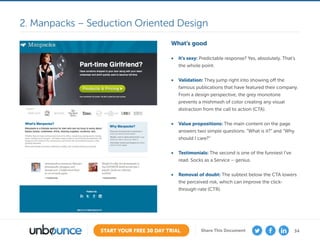 34START YOUR FREE 30 DAY TRIAL Share This Document
What’s good
•	 It’s sexy: Predictable response? Yes, absolutely. That’s
the whole point.
•	 Validation: They jump right into showing off the
famous publications that have featured their company.
From a design perspective, the grey monotone
prevents a mishmash of color creating any visual
distraction from the call to action (CTA).
•	 Value propositions: The main content on the page
answers two simple questions: “What is it?” and “Why
should I care?”
•	 Testimonials: The second is one of the funniest I’ve
read. Socks as a Service – genius.
•	 Removal of doubt: The subtext below the CTA lowers
the perceived risk, which can improve the click-
through-rate (CTR).
2. Manpacks – Seduction Oriented Design
 