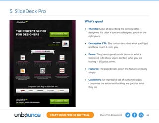 40START YOUR FREE 30 DAY TRIAL Share This Document
What’s good
•	 The title: Great at describing the demographic –
designers. It’s clear if you are a designer, you’re in the
right place.
•	 Descriptive CTA: The button describes what you’ll get
and how much it costs you.
•	 Demo: They have a great modal demo of what a
SlideDeck is to show you in context what you are
buying – BIG plus points.
•	 Features: The page breaks down the feature set really
simply
•	 Customers: An impressive set of customer logos
completes the evidence that they are good at what
they do.
5. SlideDeck Pro
 