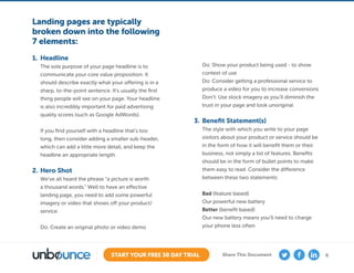 6START YOUR FREE 30 DAY TRIAL Share This Document
Landing pages are typically
broken down into the following
7 elements:
1.	 Headline
The sole purpose of your page headline is to
communicate your core value proposition. It
should describe exactly what your offering is in a
sharp, to-the-point sentence. It’s usually the first
thing people will see on your page. Your headline
is also incredibly important for paid advertising
quality scores (such as Google AdWords).
If you find yourself with a headline that’s too
long, then consider adding a smaller sub-header,
which can add a little more detail, and keep the
headline an appropriate length.
2.	Hero Shot
We’ve all heard the phrase “a picture is worth
a thousand words.” Well to have an effective
landing page, you need to add some powerful
imagery or video that shows off your product/
service.
Do: Create an original photo or video demo
Do: Show your product being used - to show
context of use
Do: Consider getting a professional service to
produce a video for you to increase conversions
Don’t: Use stock imagery as you’ll diminish the
trust in your page and look unoriginal
3.	Benefit Statement(s)
The style with which you write to your page
visitors about your product or service should be
in the form of how it will benefit them or their
business, not simply a list of features. Benefits
should be in the form of bullet points to make
them easy to read. Consider the difference
between these two statements:
Bad (feature based)
Our powerful new battery
Better (benefit based)
Our new battery means you’ll need to charge
your phone less often
 