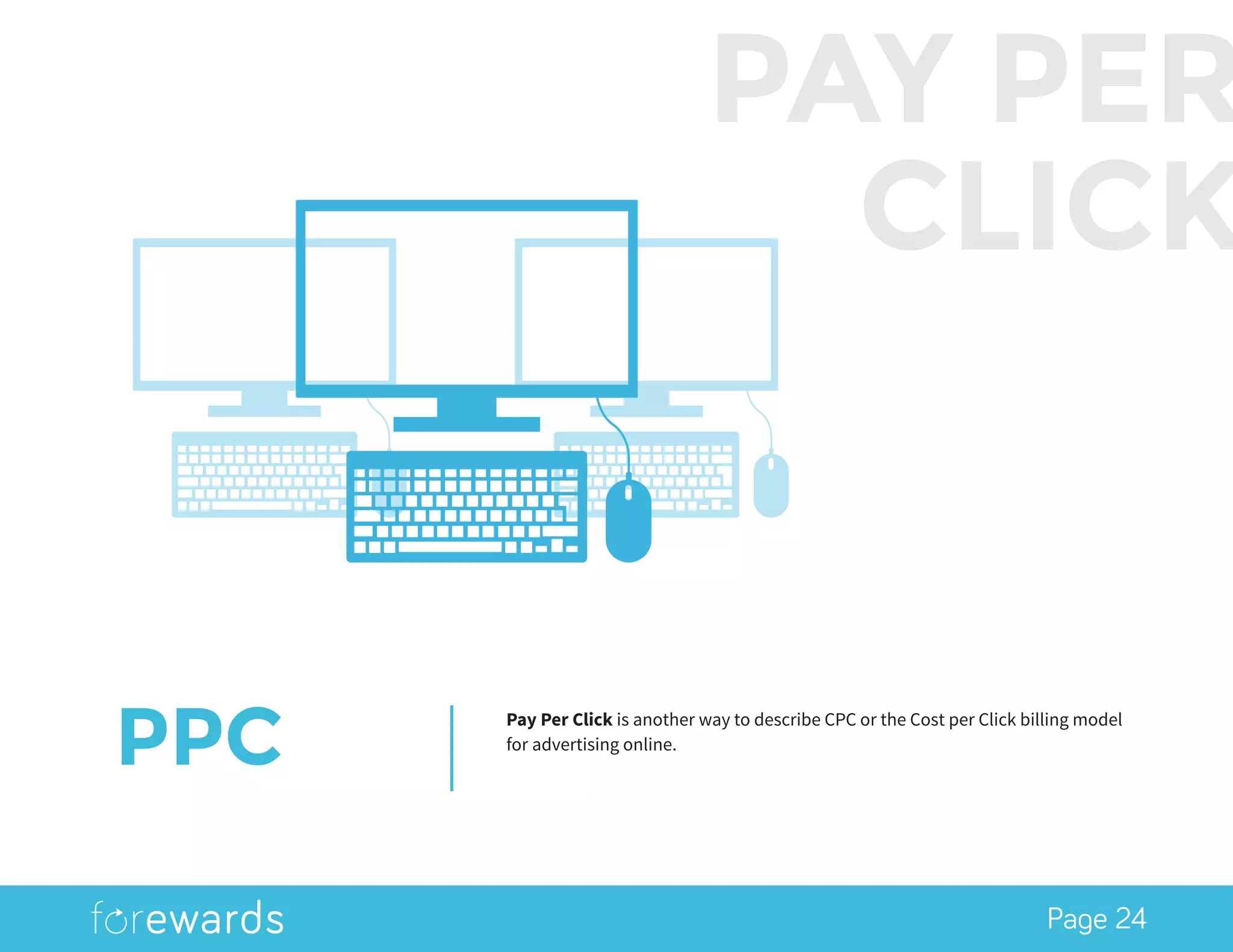 Page 24
PPC Pay Per Click is another way to describe CPC or the Cost per Click billing model
for advertising online.
PAY PER
CLICK
 