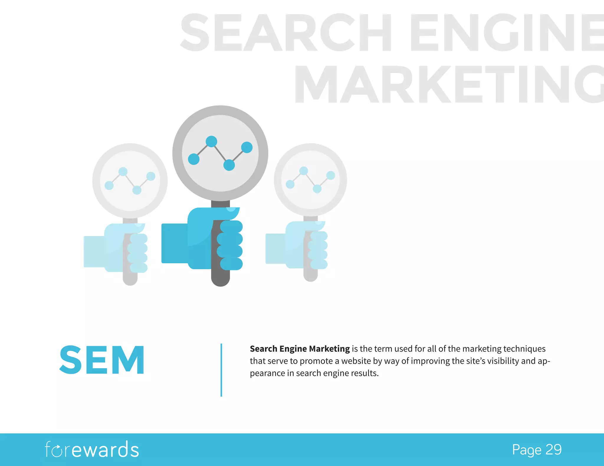 Page 29
SEM
Search Engine Marketing is the term used for all of the marketing techniques
that serve to promote a website by way of improving the site’s visibility and ap-
pearance in search engine results.
SEARCH ENGINE
MARKETING
 