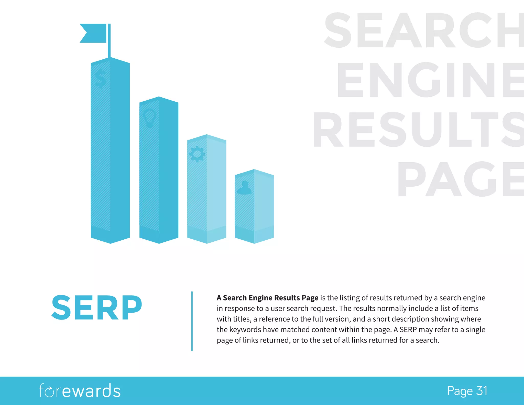 Page 31
SERP
A Search Engine Results Page is the listing of results returned by a search engine
in response to a user search request. The results normally include a list of items
with titles, a reference to the full version, and a short description showing where
the keywords have matched content within the page. A SERP may refer to a single
page of links returned, or to the set of all links returned for a search.
SEARCH
ENGINE
RESULTS
PAGE
 